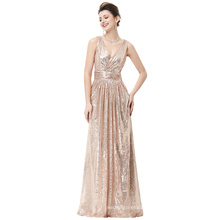Kate Kasin Sleeveless V-Neck Rose Gold Shining Sequined Long Evening Party Dress KK000199-2